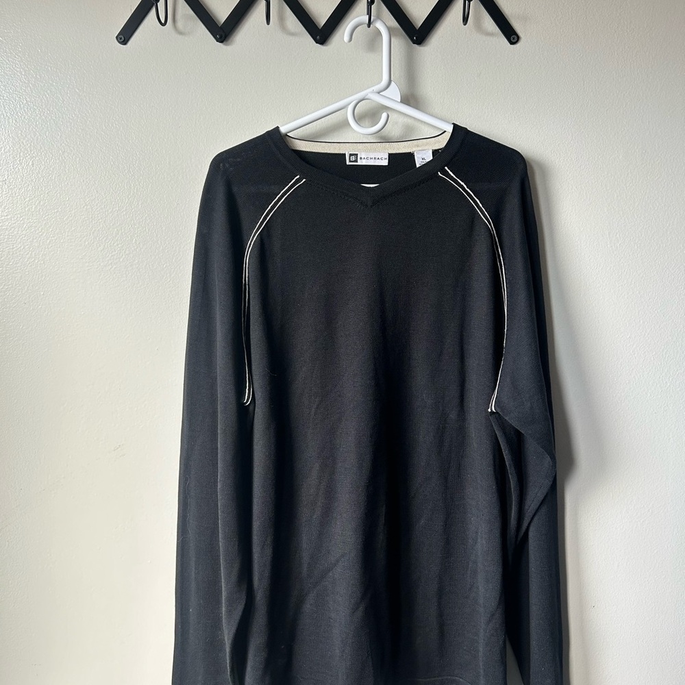 Bachrach Black V-Neck Sweater with White Stitching